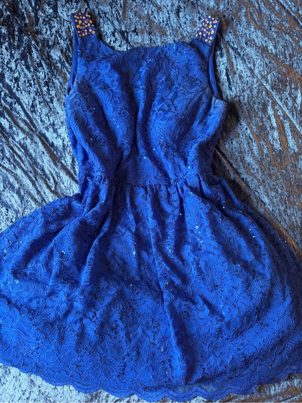 Women’s Cobalt Blue Lace Party Dress with Studded Shoulders